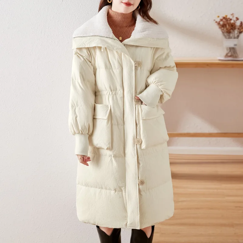 

Winter Down Jacket for Women Retro British Style Large Lapel Loose Casual Warm Long Coat Thicken Slim Waist Fashion Lady Parkas