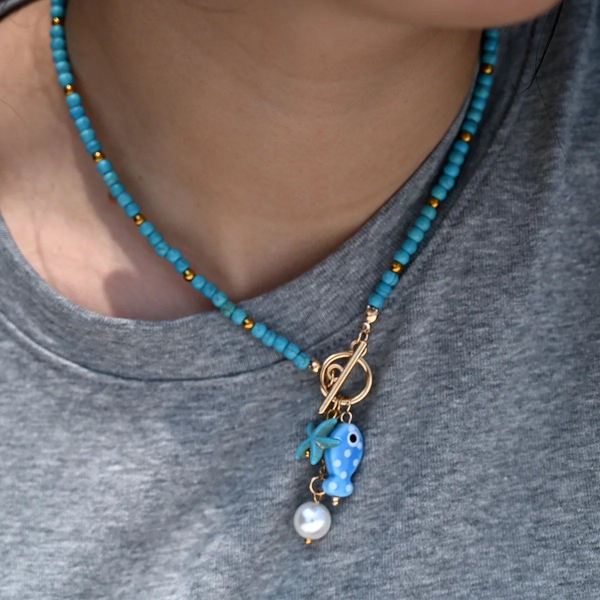 ZAKOL Bohemian Sea-Inspired Ceramic Fish & Starfish Pendant Necklace Dopamine Rainbow Color Beads Necklaces Beach Jewelry image 3