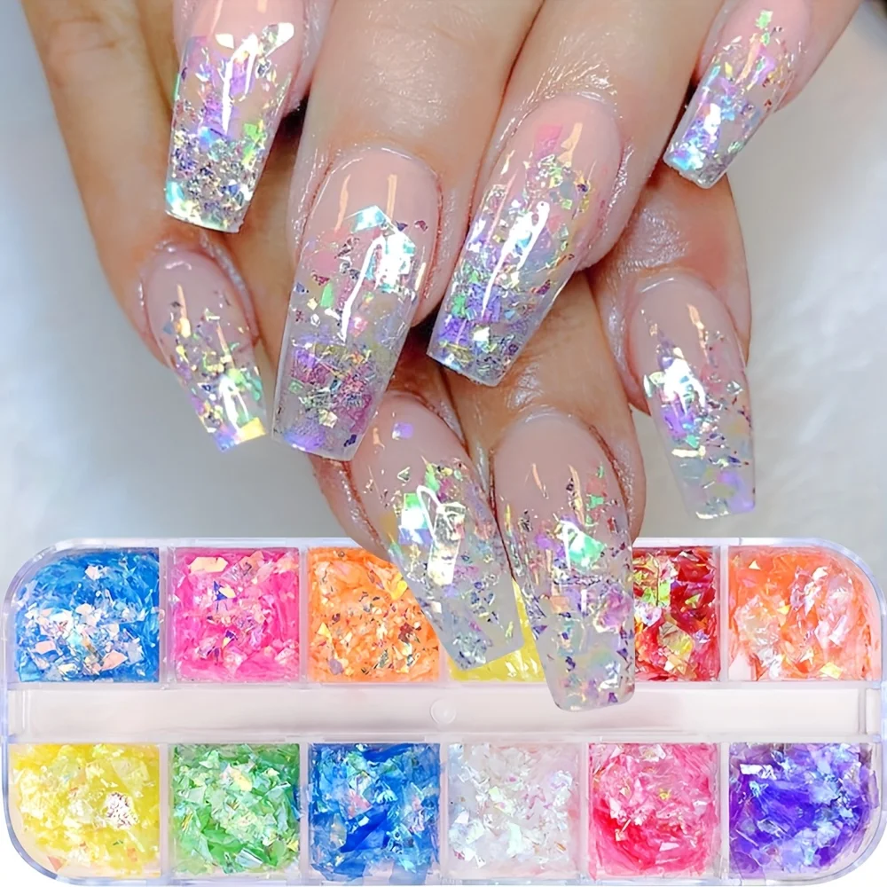 12‑Grid Extra‑Thin Big Nail Art Sequins, Holographic Rainbow Irregular Glitter Fragments for Nails