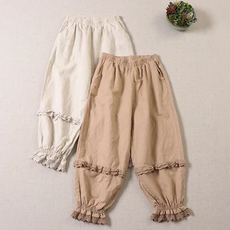 

100% Cotton Linen Female Vintage Victorian Loose Bloomers Pants Prairie Old Time Retro Mori Girl Ruffled Lace Lolita Pantaloons