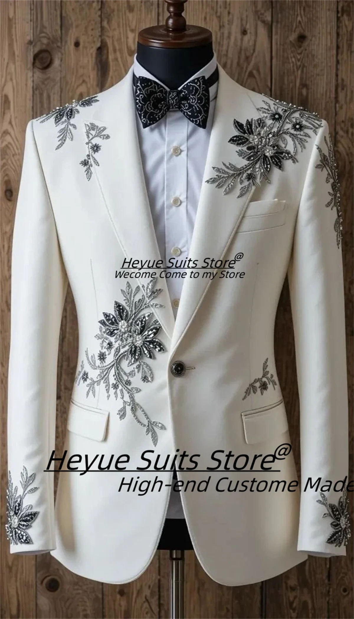 

Luxuious White Wedding Suits For Men Customized Slim Fit Peak Lapel Groom Tuxedos Shiny Embroidery 2 Pcs Sets Male Prom Blazers