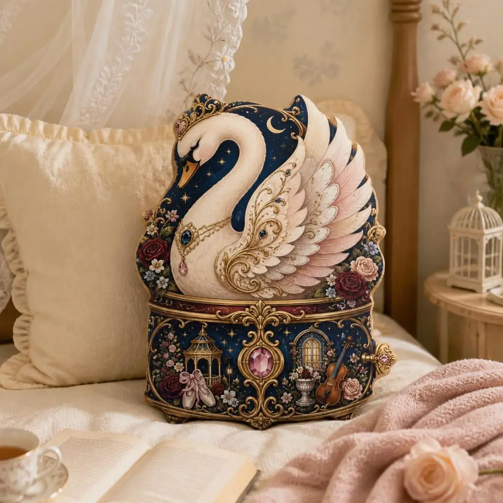 Royal Swan Music Box Pillow Ballet Violin Throw Cushion Ornate Fantasy Plush Stuffed Shaped Romantic Home Decor Keepsake Gift