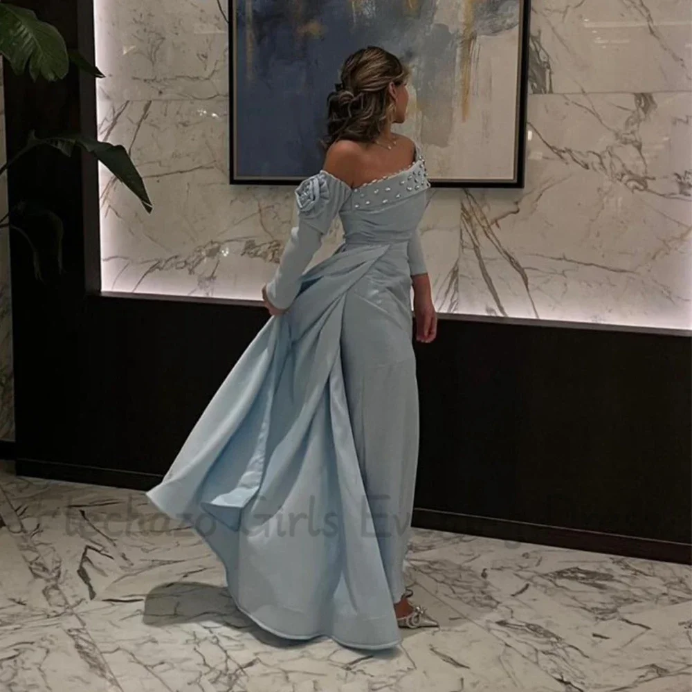 Flechazo Light Blue Off the Shoulder Evening Dress Long Sleeves Straight Ankle Length with Crystal and Pleat Banquet Gowns