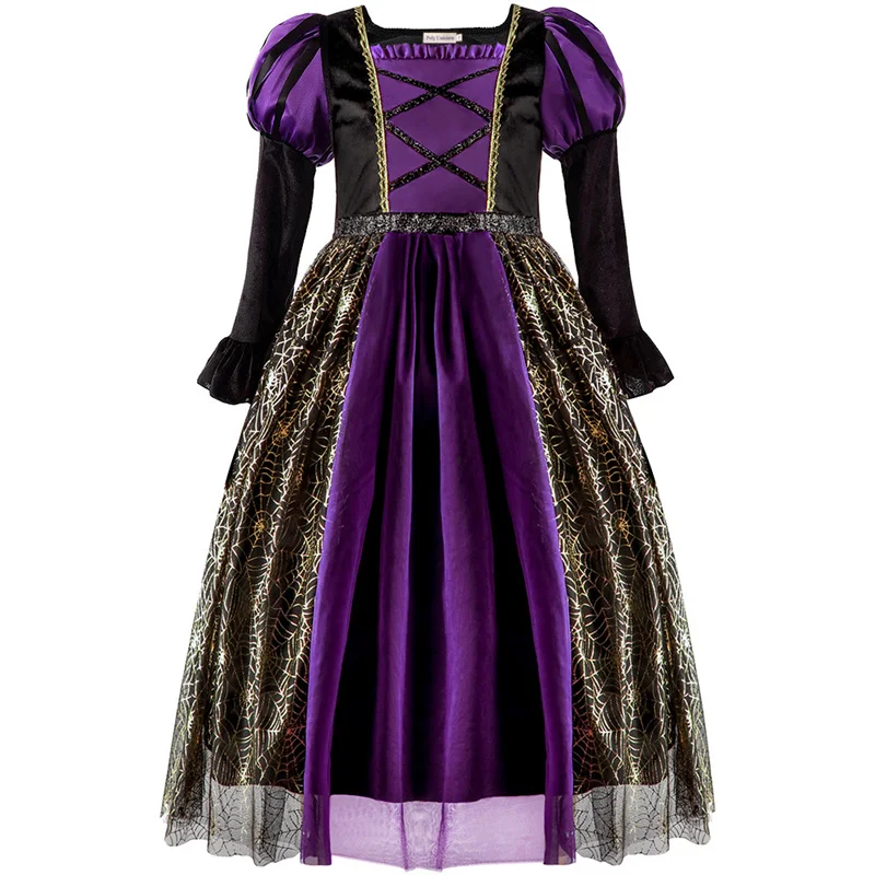 Halloween Girls Princess Cosplay Dress Carnival Witch Pumpkin Dress Up With Hat Witch Costumes Kids Party Gown Clothes 3-12 Year