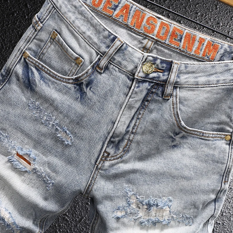 Summer Designer Fashion Men Jeans Retro Blue Stretch Slim Fit Ripped Denim Shorts Men Patched Hip Hop Y2K Vintage Shorts Hombre