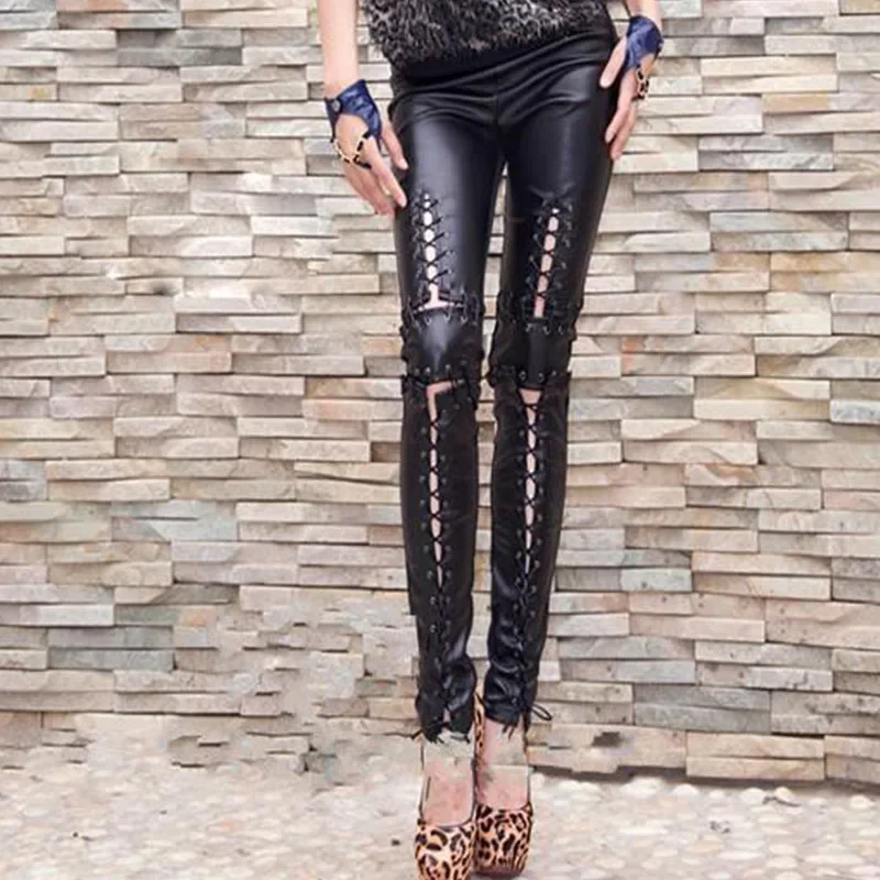 Gothic Black Lace Up Skinny Trousers For Women Pencil Sexy Leggings Legins Punk Rock Plus Size Leather Pants Pantalon Female XXL