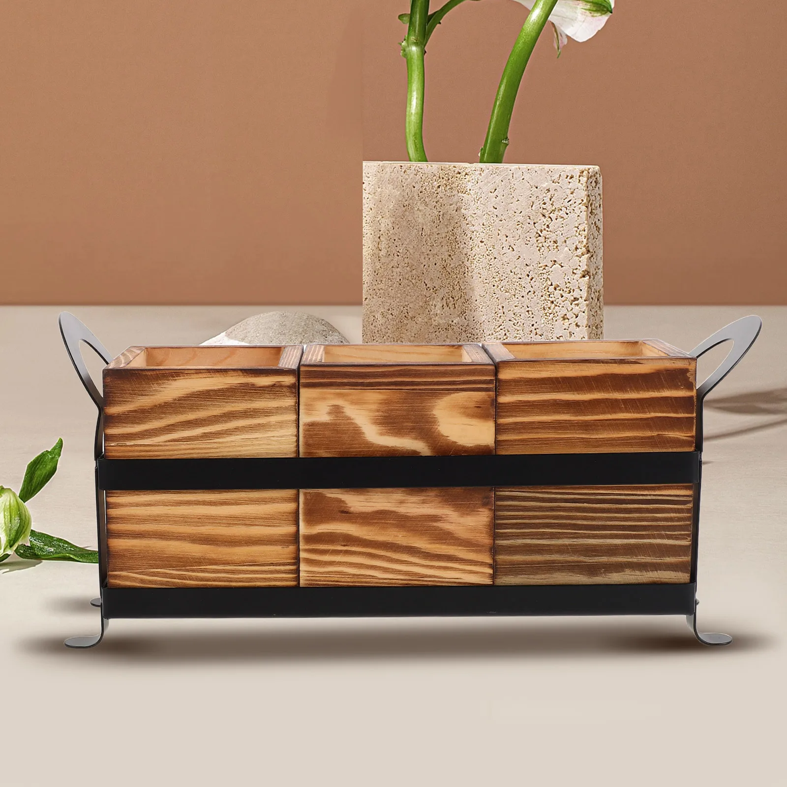 Caddie à ustensiles en bois, organisateur d'argenterie rustique, caddie à couverts, porte-brosse de maquillage, rangement sur comptoir de cuisine