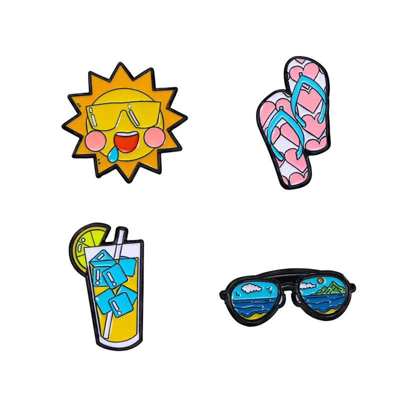 Broches de Sol de dibujos animados originales, Serie de vacaciones en la playa, zapatillas, gafas de sol, insignias de bebidas heladas