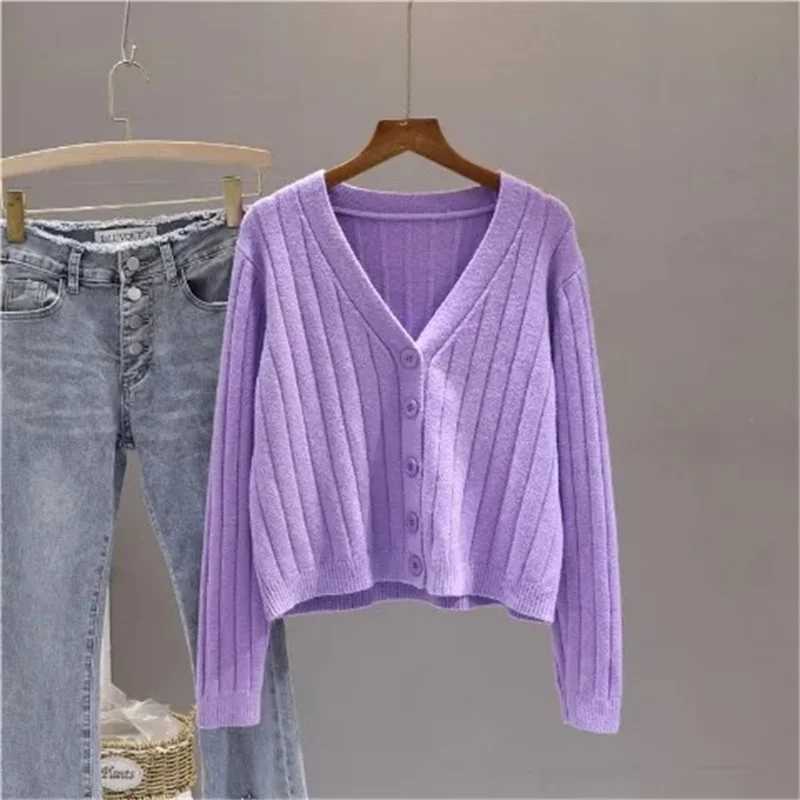 

100% Cotton Line Long Sleeve V-Neck Knitted Cardigan Women Loose Short Solid Color Simple Sun Protection 2025