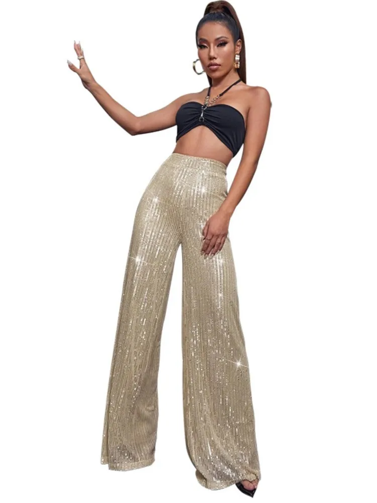 

New Fashion Solid Sequined Wide-leg Pants For Women High Waist Party Clubwear Wrapped Hip Draped Straight Pant Womans Clothing