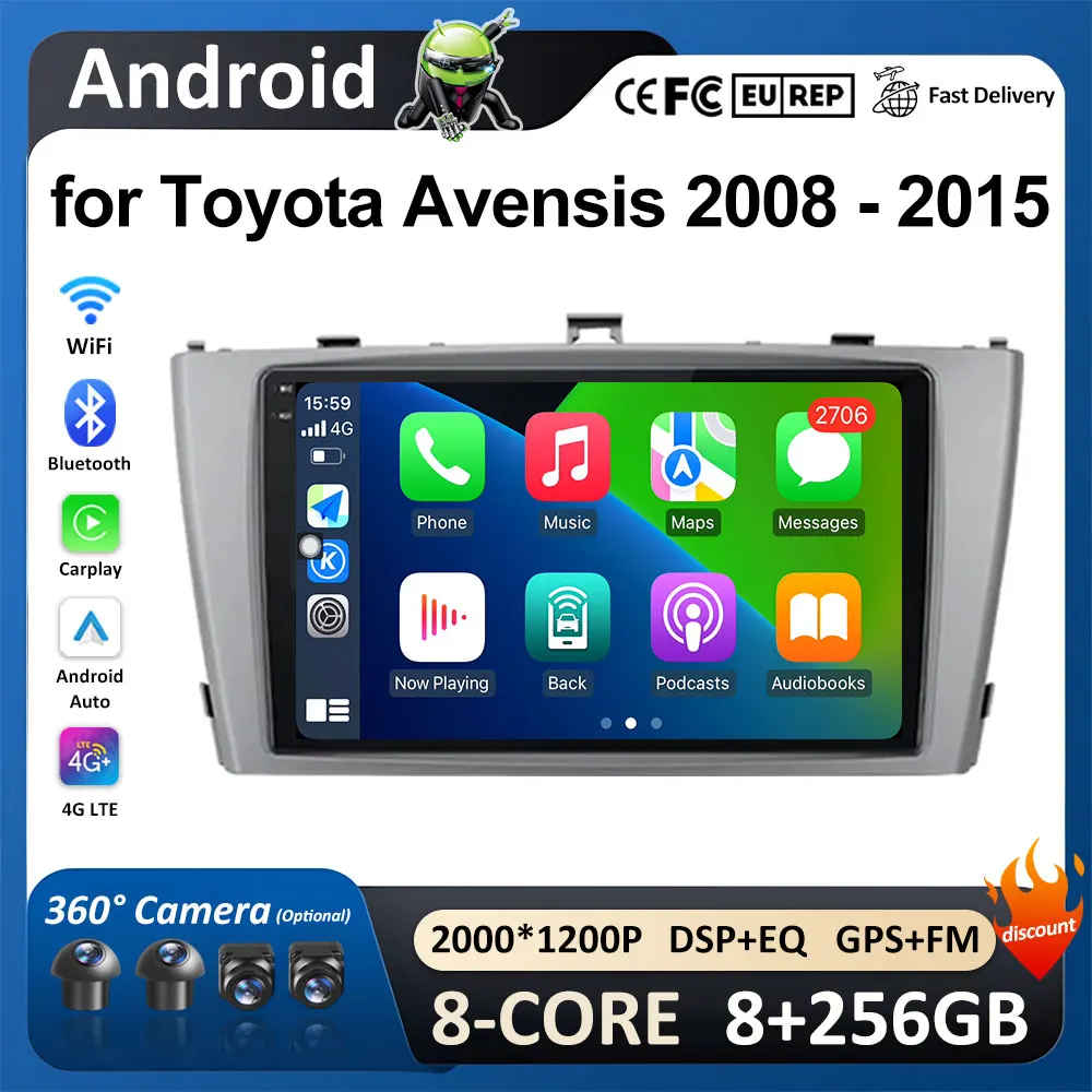 สําหรับ Toyota Avensis 2008 2009 - 2015 รถ Redio Player DSP สเตอริโอบลูทูธ GPS Navi Android OS QLED หน้าจอไม่มี 2 din หัวหน่วย 4G