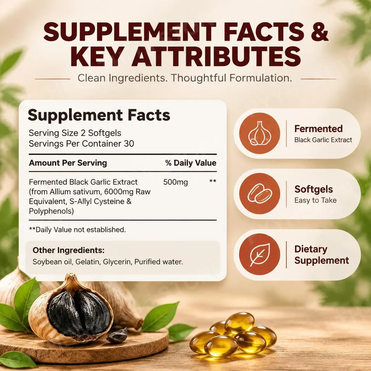 Fermented Black Garlic Extract Softgels 6000mg Raw Equivalent with S-Allyl Cysteine for Heart and Immune Support, 60 Softgels