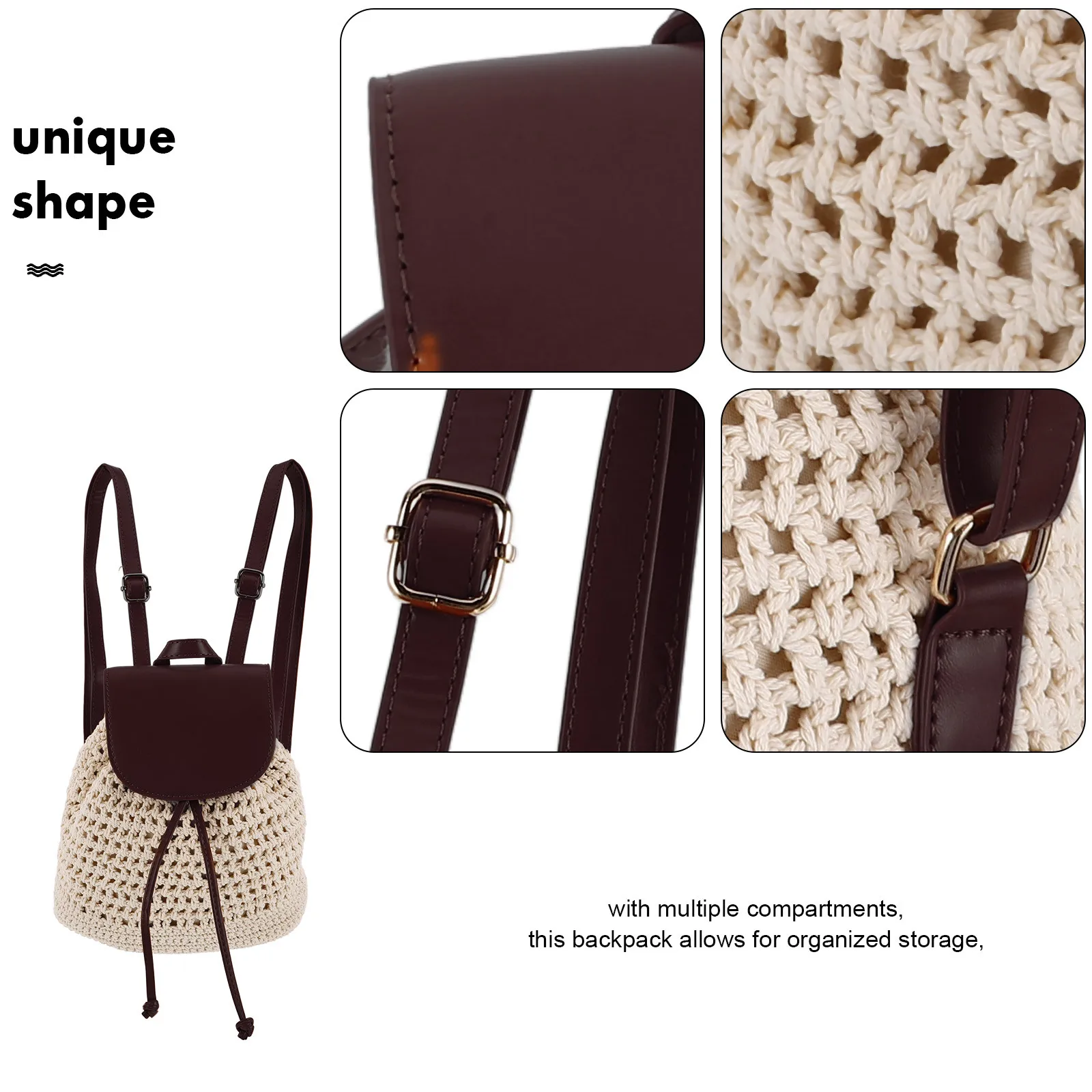 Zaino in tessuto all'uncinetto fatto a mano con patta con coulisse Boho Borsa piccola lavorata a maglia Borsa da spiaggia estiva per donna Zaino da viaggio all'uncinetto