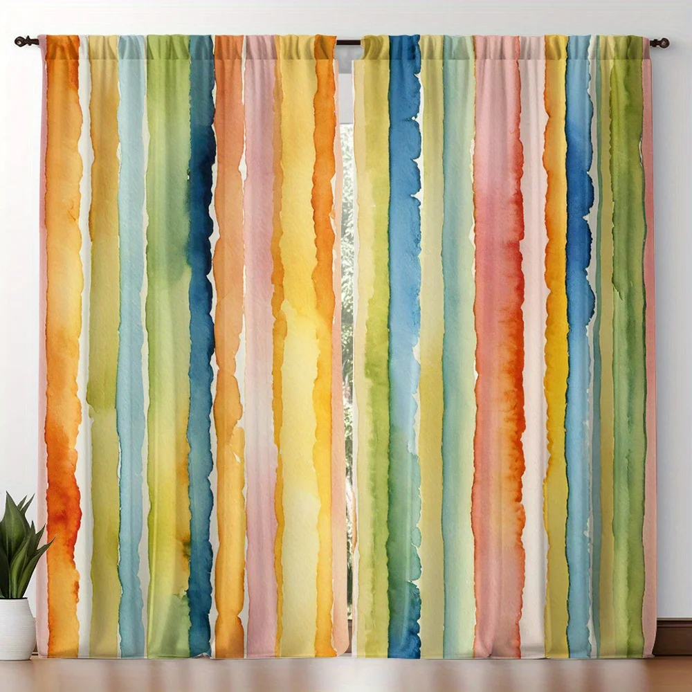 Watercolor Stripe Curtains Set of 2 – Vibrant Abstract Vertical Washes, Rod Pocket Light Filtering Drapes