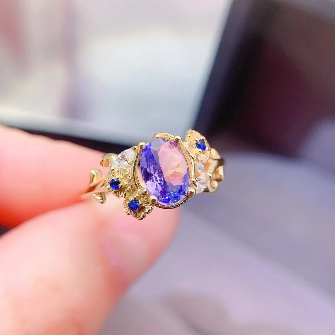 Bague en argent avec tanzanite naturelle, 0,7 ct, 5mm x 7mm, qualité VVS, bijoux plaqués or, solide 925