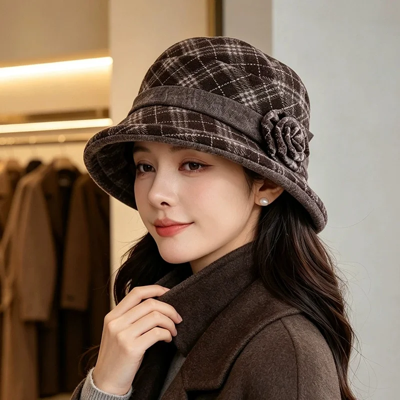 Warm Fall/Winter Checkered Fisherman's Hat for Moms—Round-Topped Fashionable Bow-Adorned Mini Top Hat