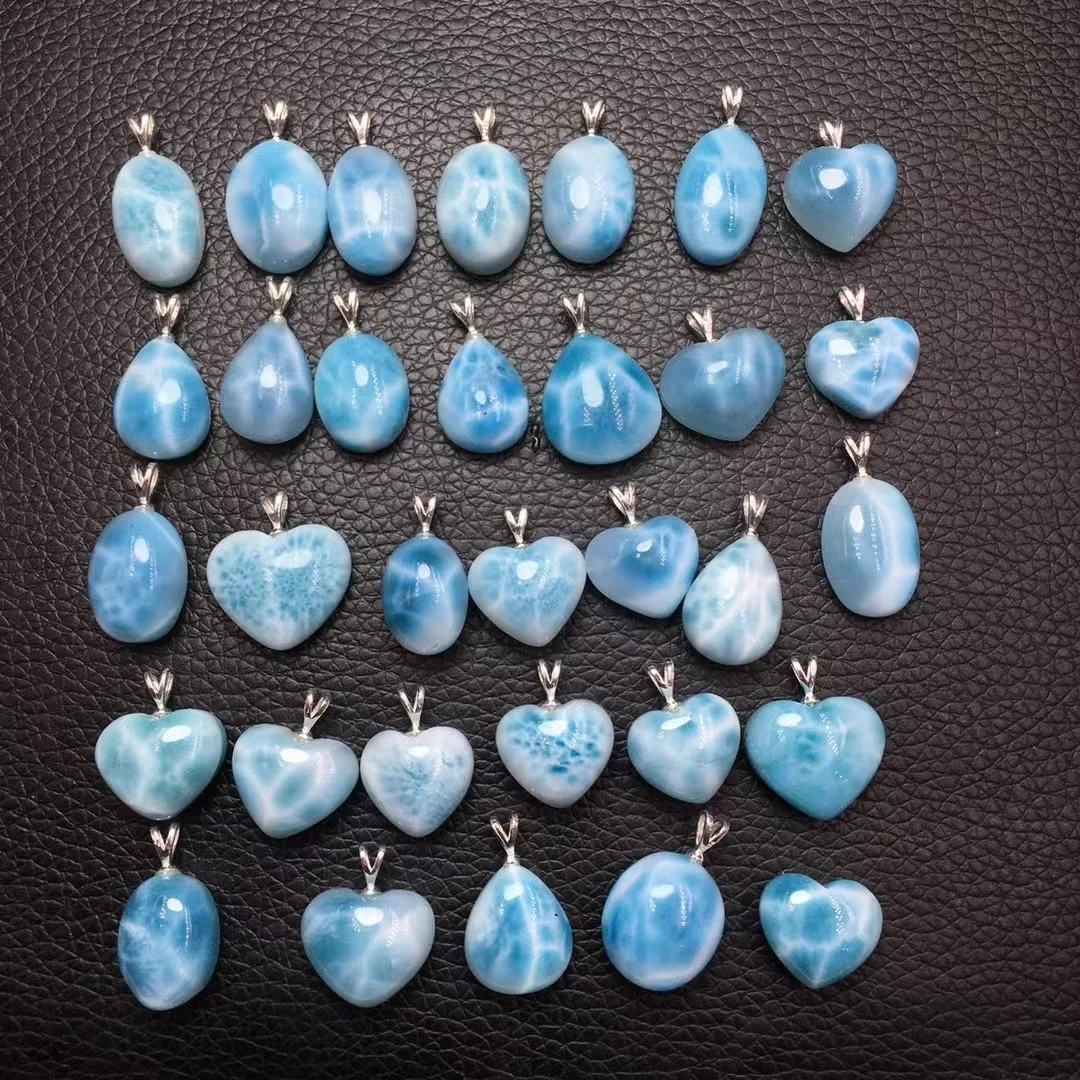 1 Pc Fengbaowu Natural Stone Dominican Republic Larimar Pendant 925 Sterling Silver Heart Oval Cabochon Water Drop Jewelry