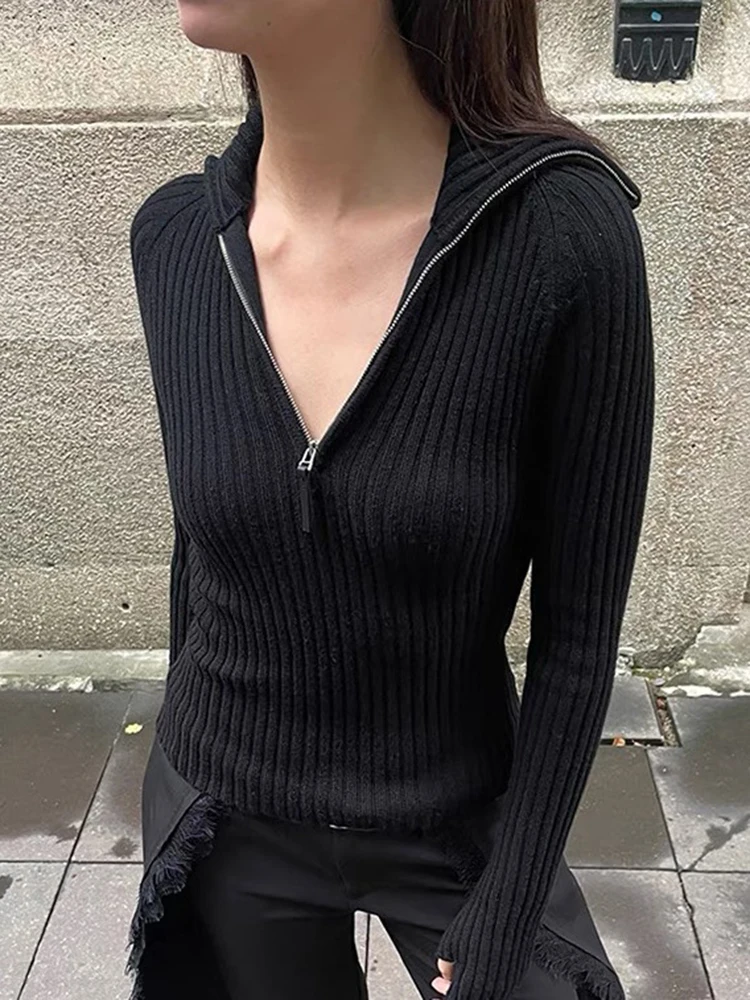 DEAT Fashion 10% Wool Knitted Pullovers Women's Lapel Slim Half Zipper Long Sleeves Short Sweater Autumn Spring 2025 New 7AB6606