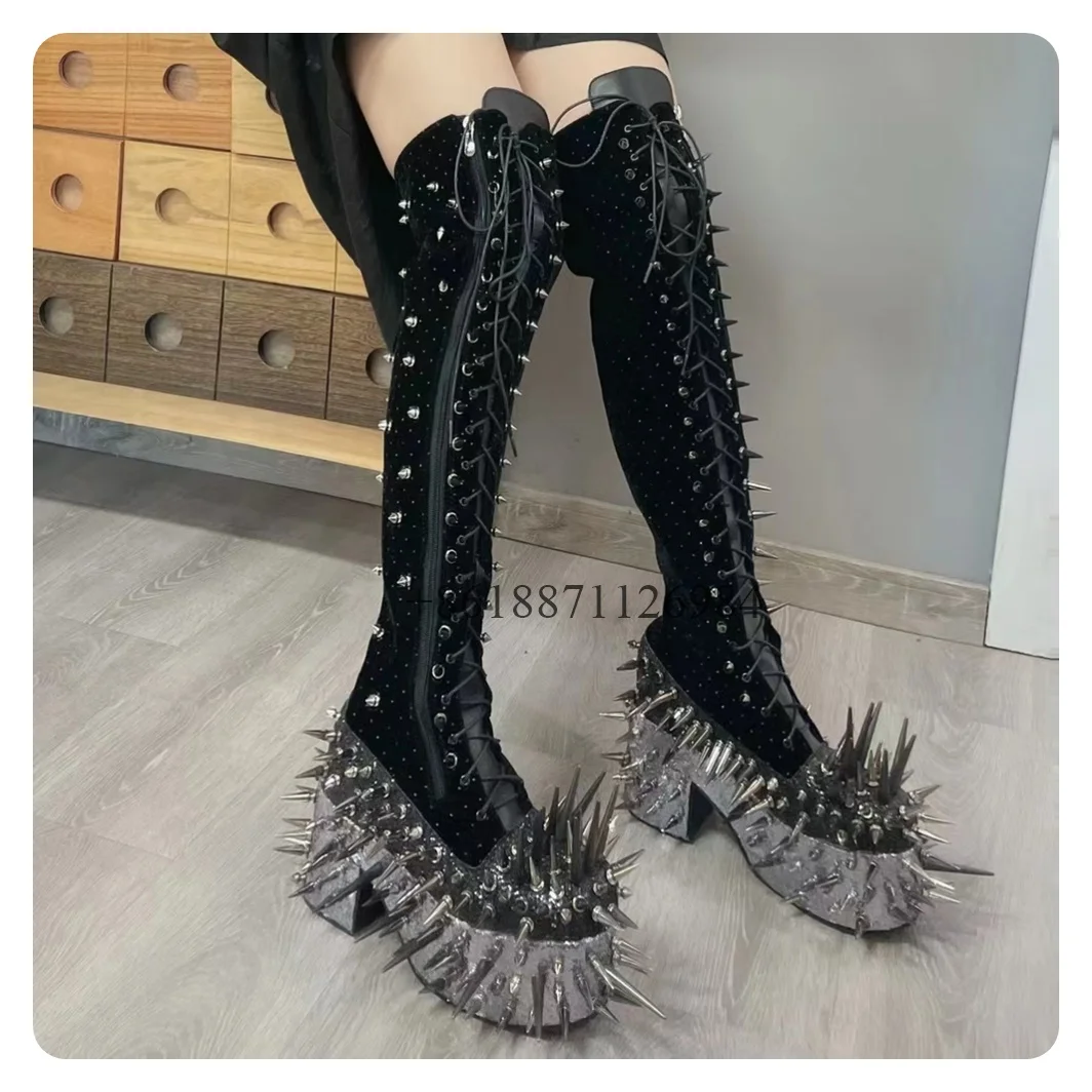 Punk Style Black Round Toe Over The Knee Platform Women Boots With Rivet Chunky High Heels Lace Up Large Size Customized Shoes