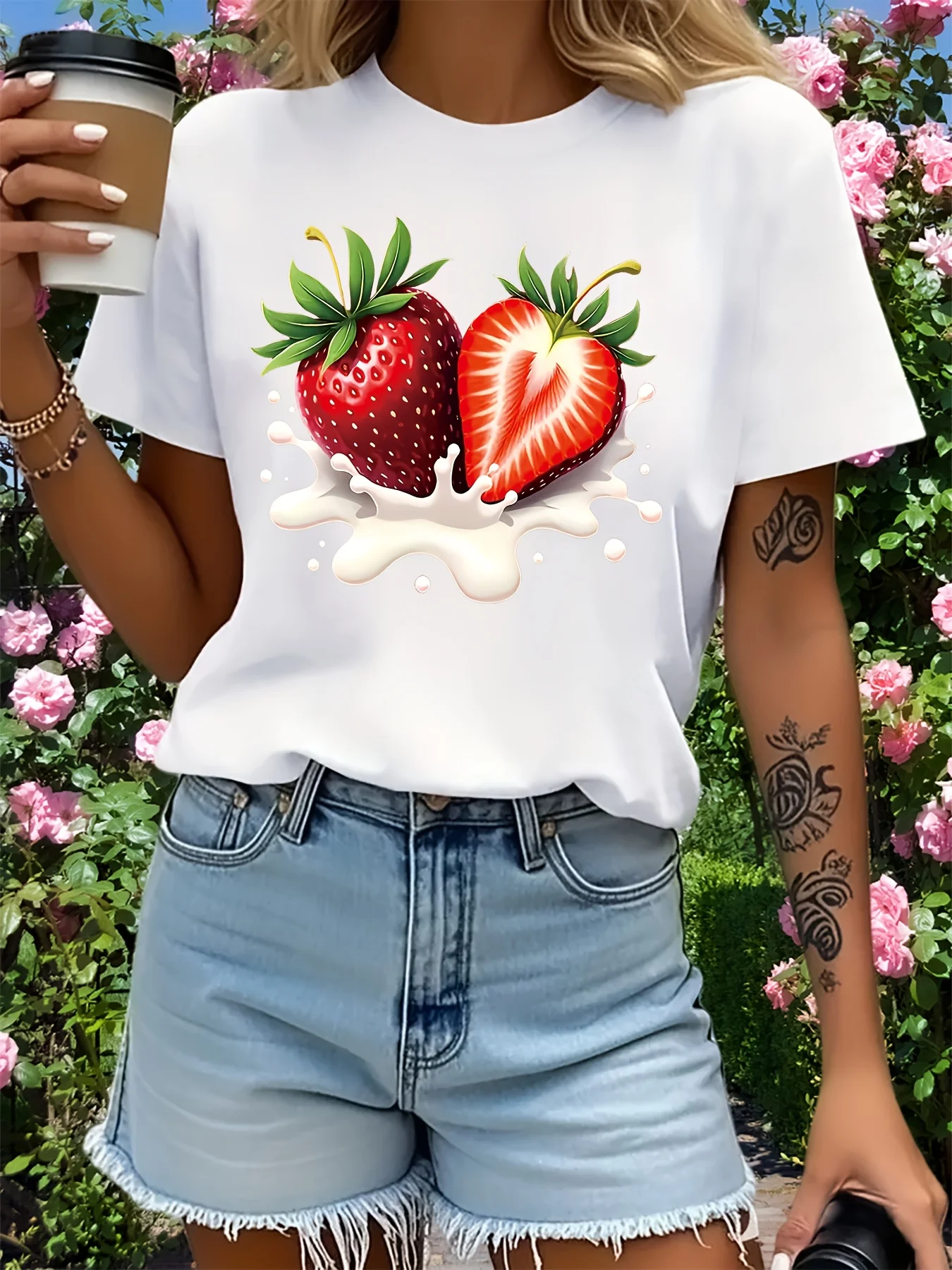 Women's T-shirt with Red Strawberry Ice Cream Pattern, Breathable and Comfortable Round Neck Casual Personalized Top