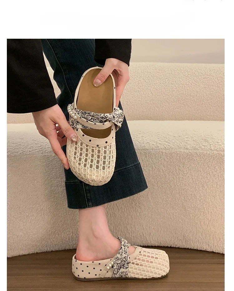 Atmungsaktive Mesh-Halbpantoffeln für Damen, Französische Polka-Dot-Perlen-Slip-On-Slides, Weiche Sohle, Geschlossene Zehenpartie, Geeignet für Breite Füße – Detail 8