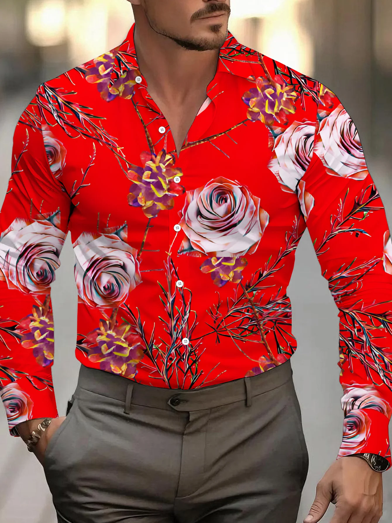 Men Lapel Collar Shirt Vivid Red‑Tone White Rose Purple Exotic Flower Dry‑Twig Graphic Polyester Long‑Sleeve Top