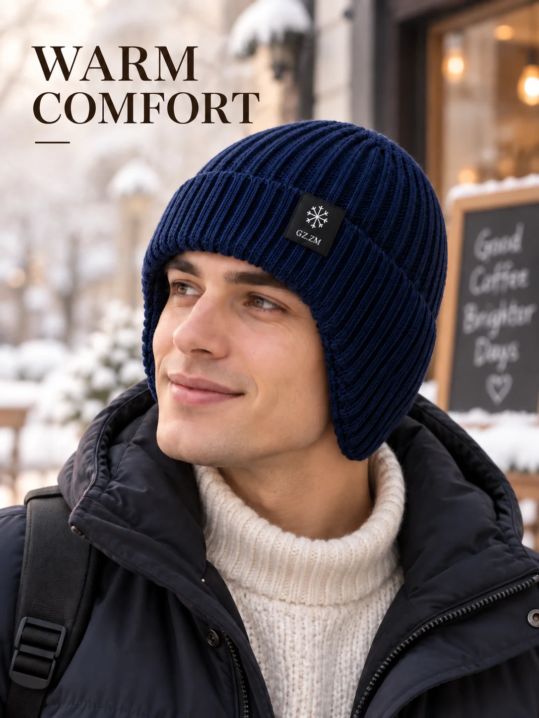 Men’s Winter Knitted Earflap Beanie Hat, Warm Ribbed Skull Cap with Ear Cover, Soft Stretch Cold Weather Outdoor Hat, 3 Colors