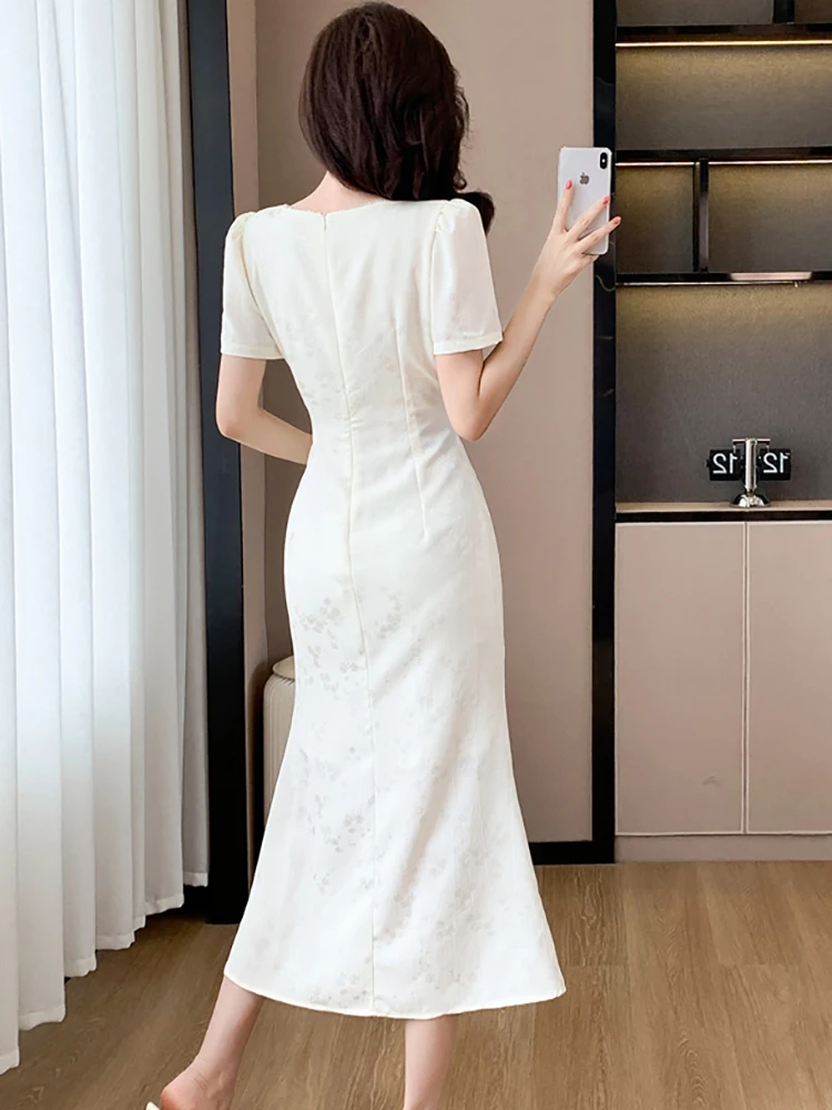 Femmes coréennes Vintage luxe fête robes été blanc Jacquard diamants col carré robe mi-longue 2025 robes moulantes élégantes