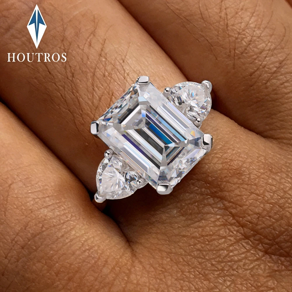 

4.5 Carat Emerald Cut Engagement Ring for Women 925 Sterling Silver Three Stone with Heart Side Stones Promise Ring Fine Jewelry