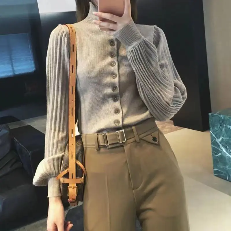 Fashion Turtleneck Spliced Folds Lantern Sleeve Shirt Women\'s Clothing 2023 Autumn Winter New Casual Tops Loose Korean Blouse