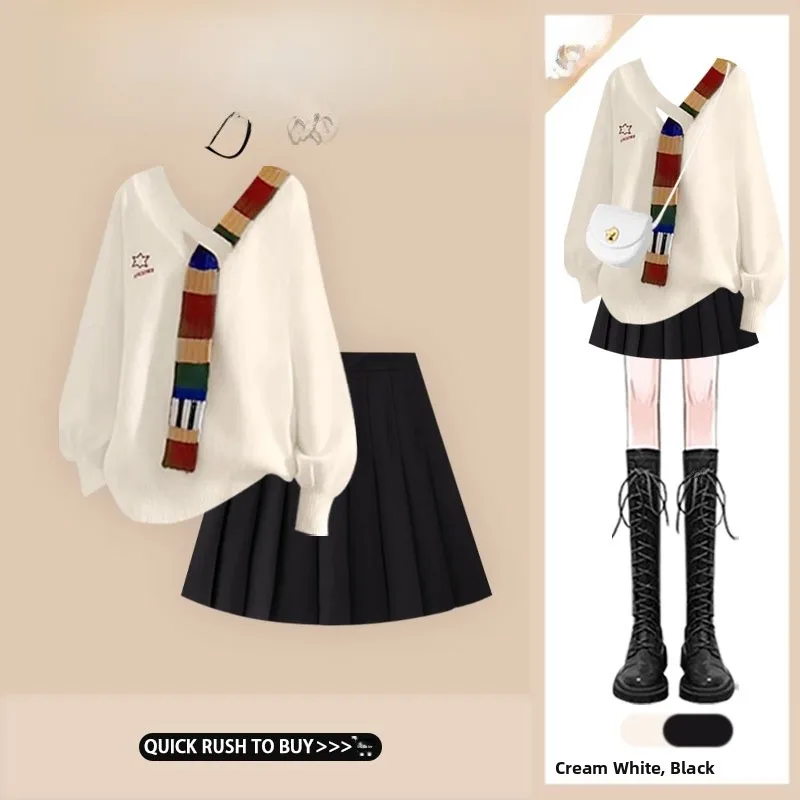 

Retro American College Style Rainbow Knitted Short Jacket Women's V-Necked Two-Piece Set with Pleated Skirt for Autumn