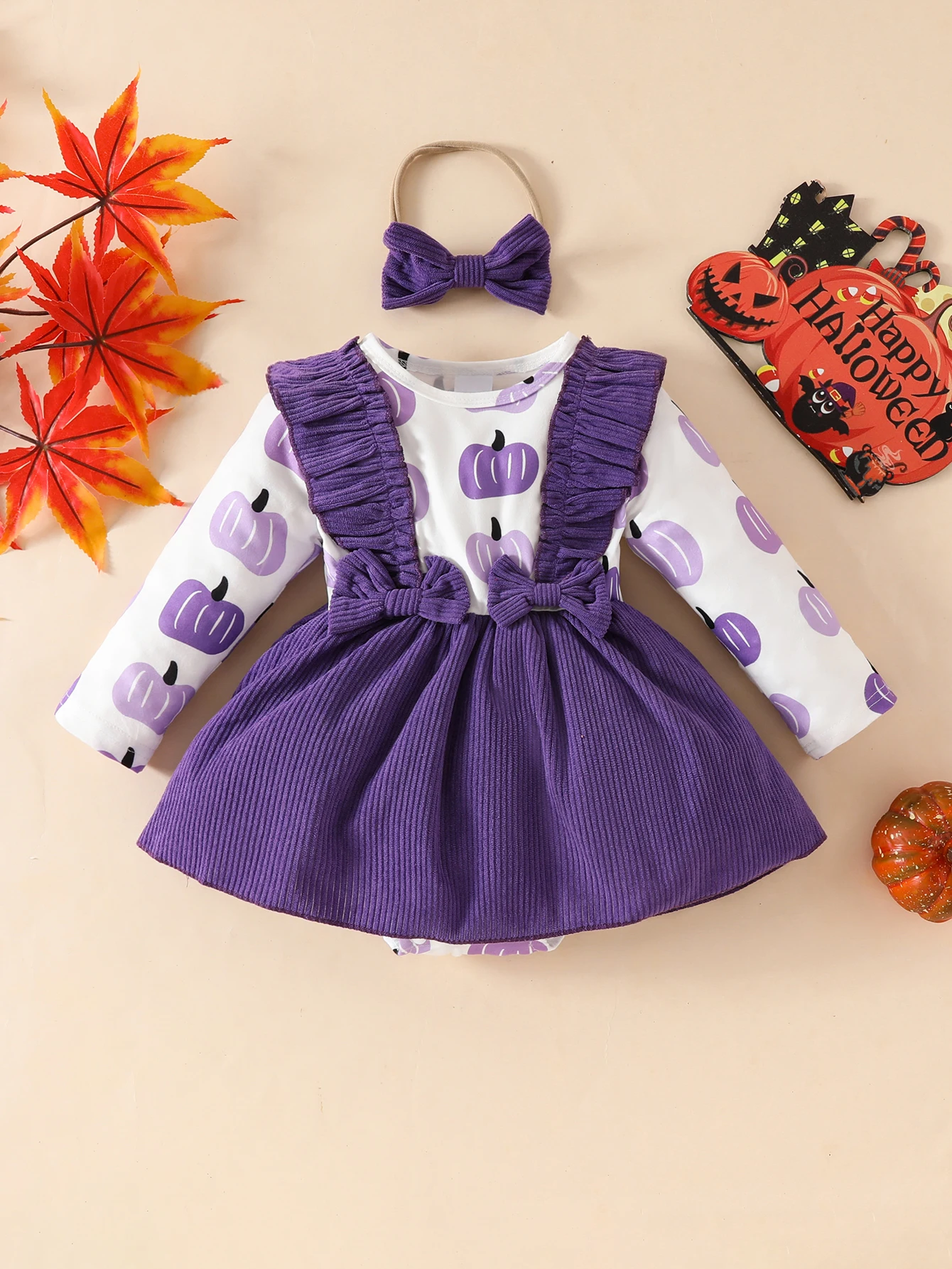 Baby Girl\'s Halloween Party Cute Pumpkin Cartoon Print Festival Style Bow Ruffled Fake Two-piece Suspender Skirt Triangle Climbing Clothes+headscarf