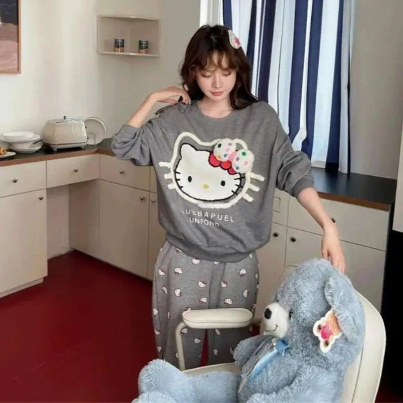 Cute Cartoon Hello Kitty Print Pajamas Women Spring Autumn Long Sleeve Pants Home Clothes Comfortable Loungewear Nightwear Set