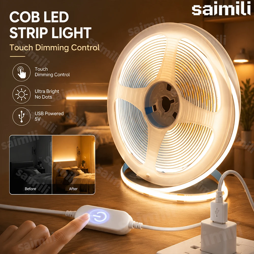 Self Adhesive COB LED Ribbon Light High Density Flexible Light Strip With Touch Dimmer For Bedroom Mirror Household Decor Lamp