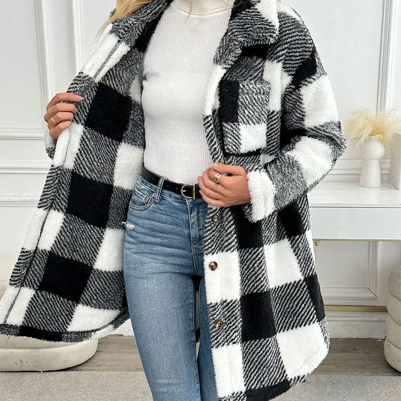 Fashion Women\'s Coat Winter New Streetwear Pockets Plaid Suit Collar Button Elegant Trench Coat Slim Versatile Female Clothing