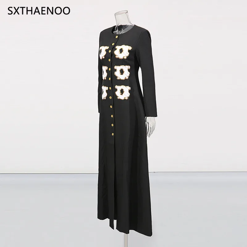 SXTHAENOO Personality Pattern Patchwork Long Coat Round Neck Long Sleeve Hit Color Elegnat Jacket Female Fashion Outerwear 2025