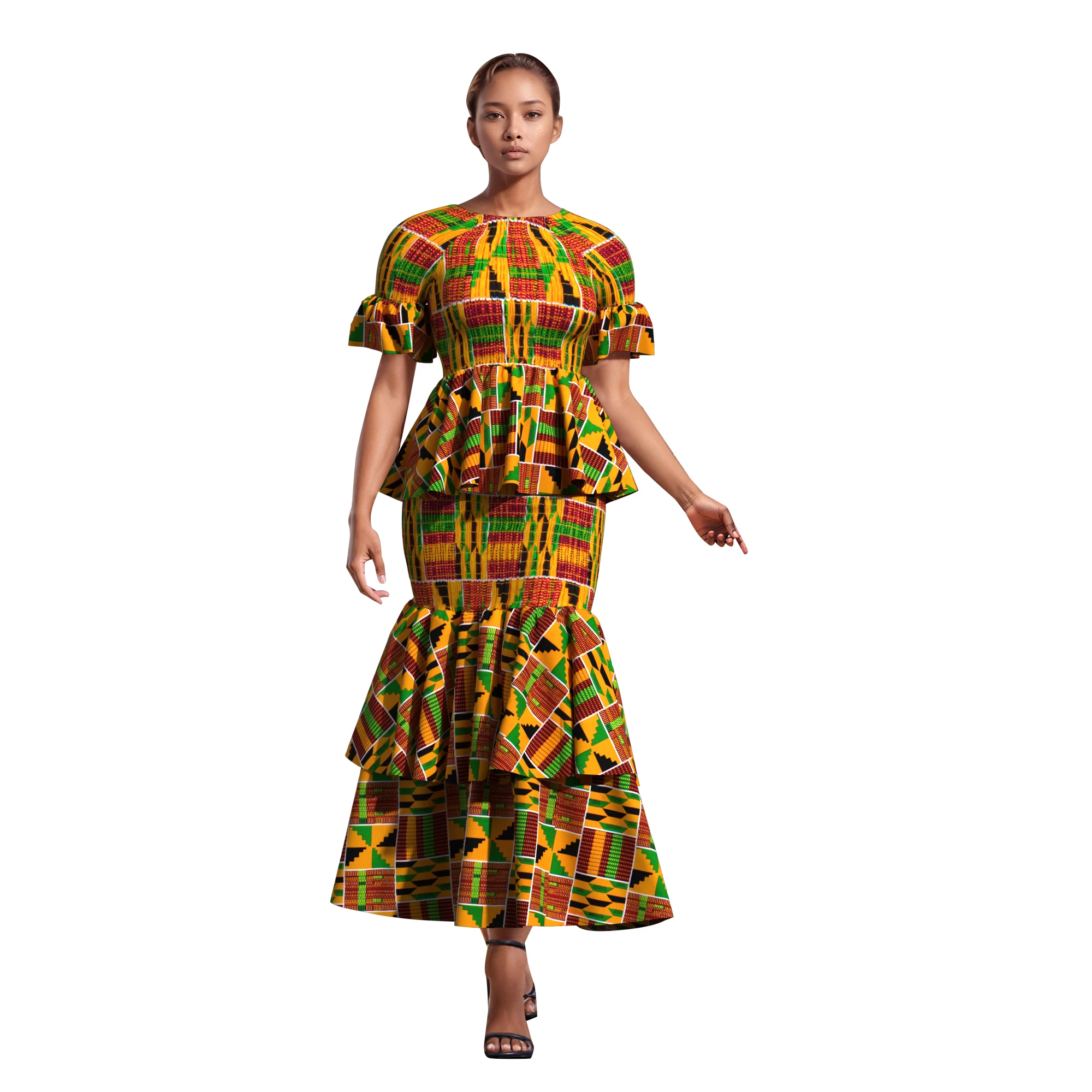 African Print Women 2 pcs Outfit Elastic Smocked Short Sleeve Ruffle Peplum Top Midi Skirt Set Ankara for Wedding Party wy10800