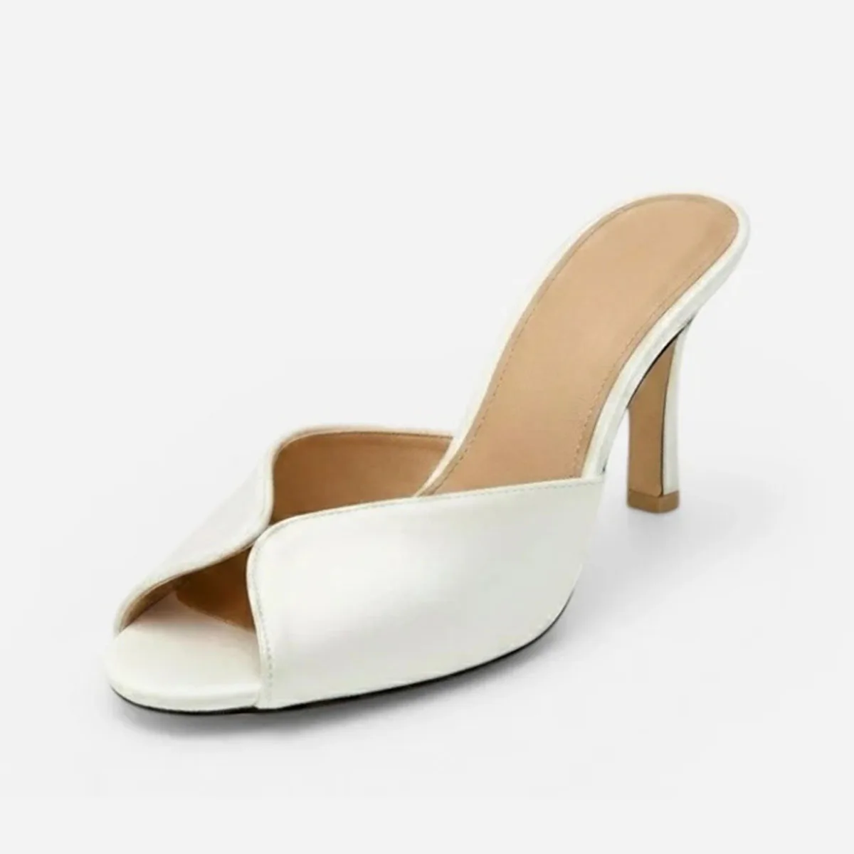 Arden Furtado Summer White Peep toe Slippers Round toe pull-on Stilettos heels Sexy Word slippers Wedding shoes Extra large size