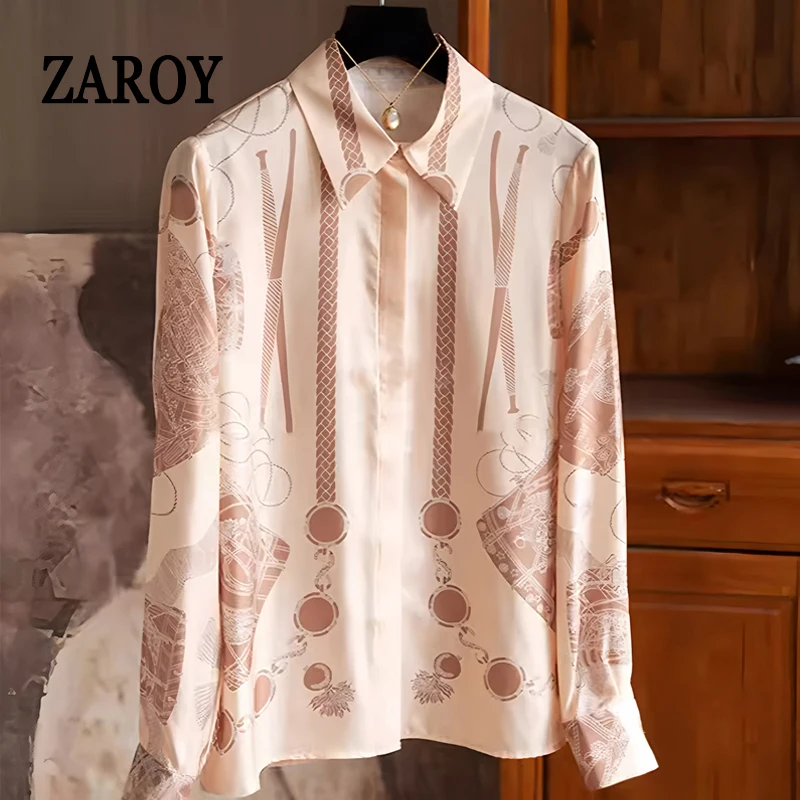 ZAROY Chain Printed Luxury Women Shirt Long Sleeve Lapel Button-up Slim Female Shirt Elegant OL Blouses Streetwear Camisas Blusa