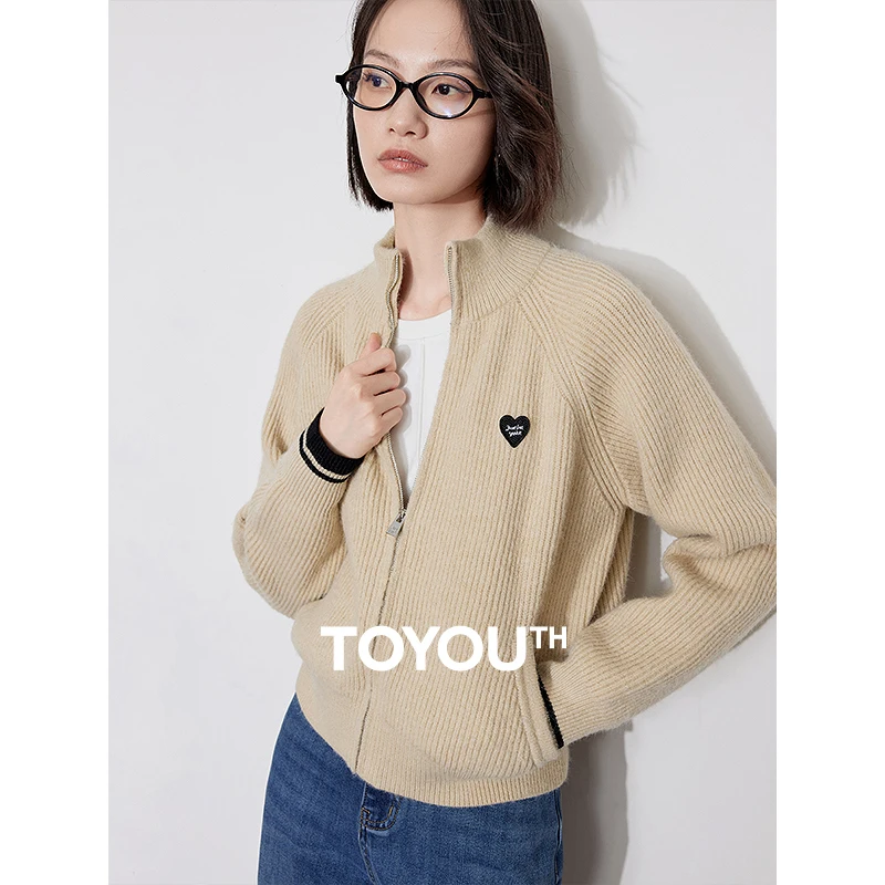 TOYOUTH Women Knitted Sweater 2024 Autumn New Zipper Stand Up Collar Long Sleeve Cardigan Jacket Coat