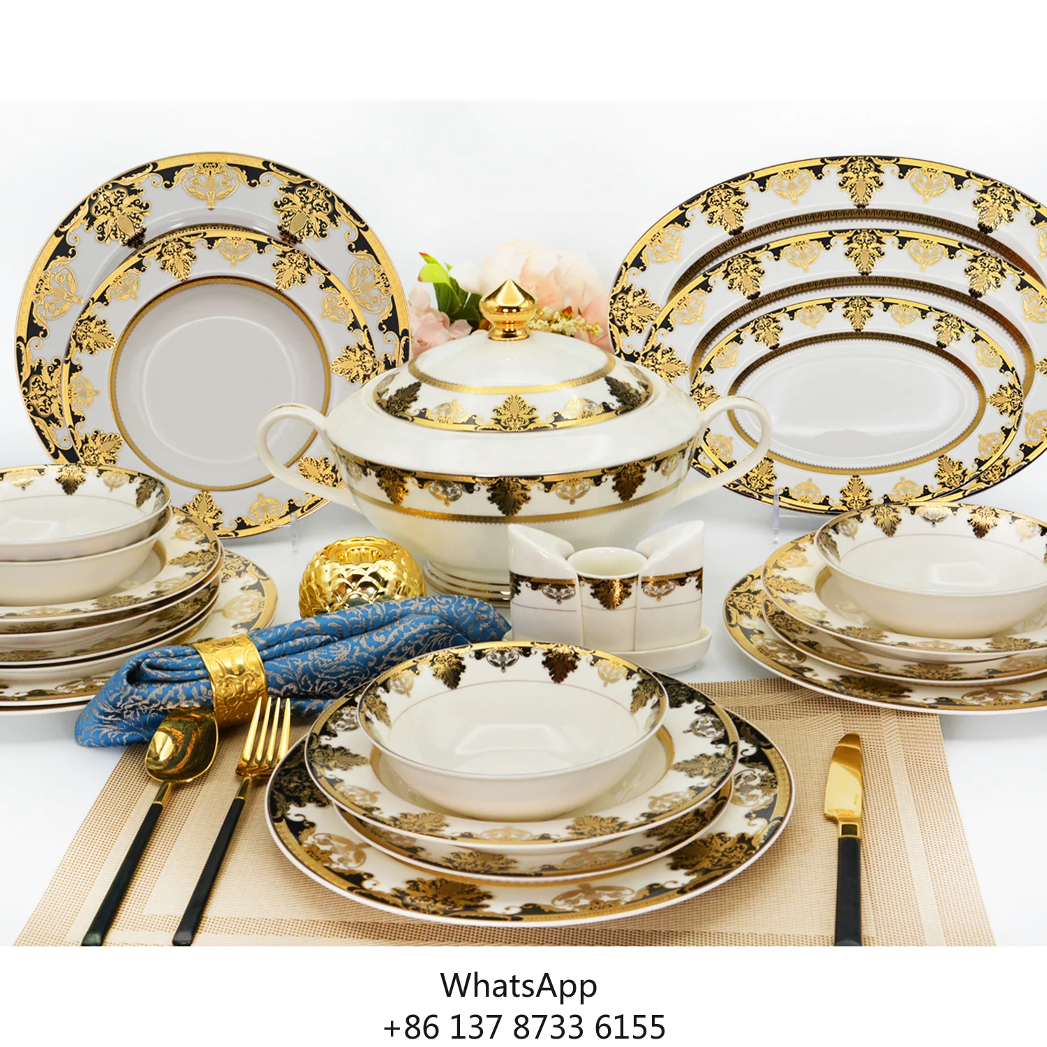 

98pcs Bone Porcelain Ceramics Luxury Dinner Ware Royal Plates Dining Table Set 98pcs For 12 Person