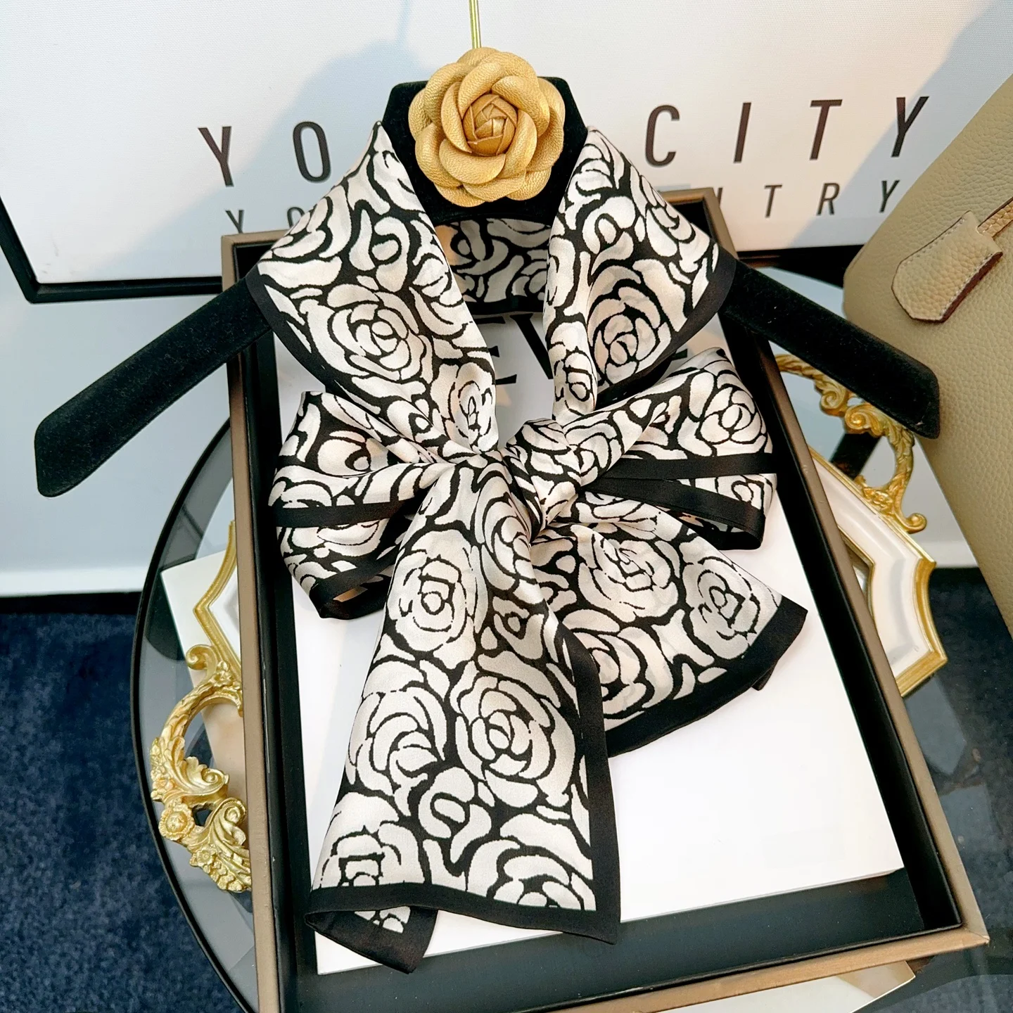 韓国風ロングシルクスカーフ-00-桑絹-レディース-両面-デュアルカラー-多用途-エレガント-ドレープ-ティーローズ柄スカーフ