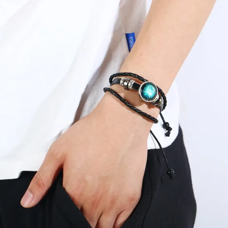 Leuchtendes 12-Sternbild-Armband, Sternzeichen-Perlen, Leder-Armreif, Armbänder für Damen, Punk, Herren, Schmuckzubehör