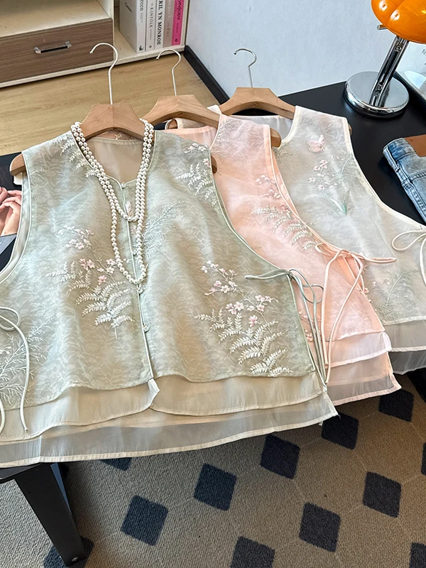 New Chinese Style Heavy Embroidery V-Neck Waist-Cinched Vest Women's Summer New Gentle Zen Spirit Double Layer Vest Shoulder Pad