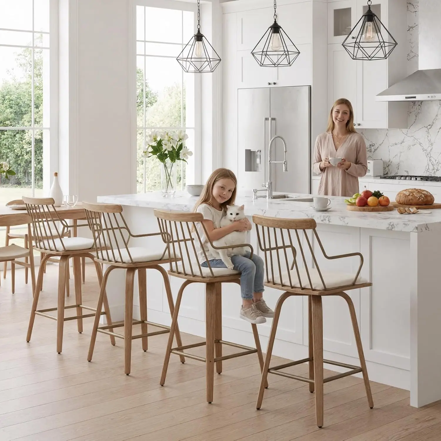 

Swivel Counter Height Bar Stools Set of 4, Beige Linen Upholstered Barstools with Back & Arm 26’’ Modern Counter Stools, Custom