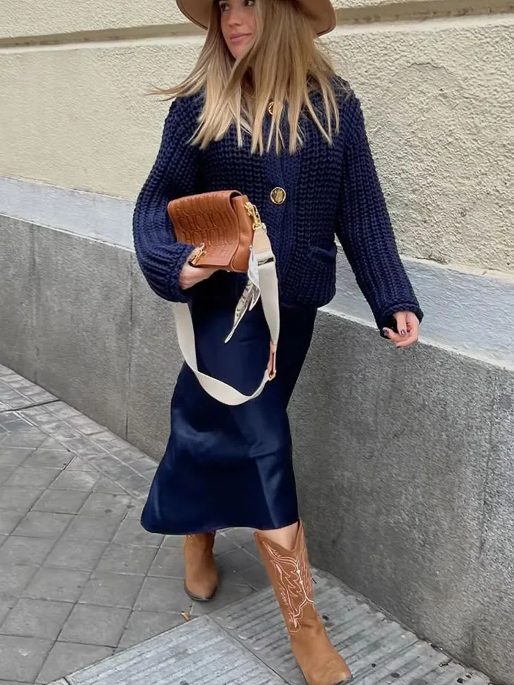 

2024 женский синий грубый вязаный свитер, пальто, пуговицы, 2 кармана, женский однотонный темно-синий модный винтажный повседневный уличный кардиган