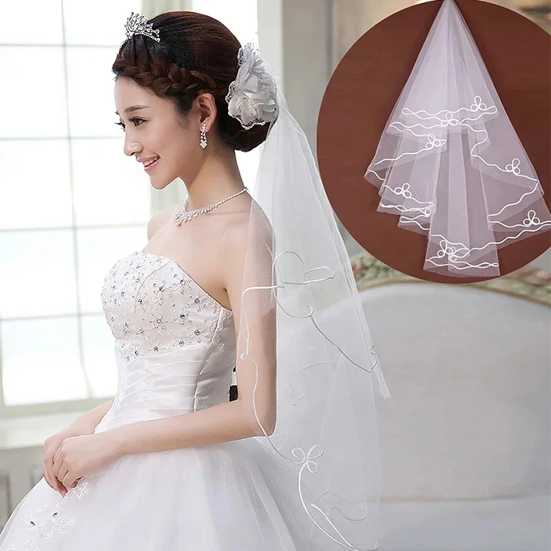 Applique Patchwork Trim Wavy Solid Color Bridal Single Layer Women Short Sheer Mesh Tulle Wedding White Red