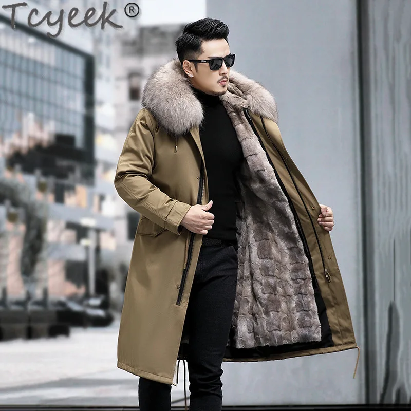 Tcyeek Winter Real Mink Fur Coat Slim Mid-length Mens Fur Jacket Overcoat Fashion Parka Men Clothing Fox Fur Collar Korean Style