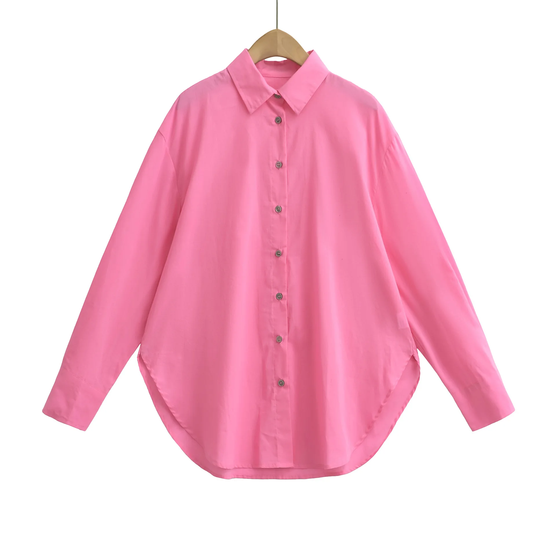 Camicia ampia da donna in tinta unita monopetto con colletto rovesciato a maniche lunghe casual di nuova moda, 2 colori