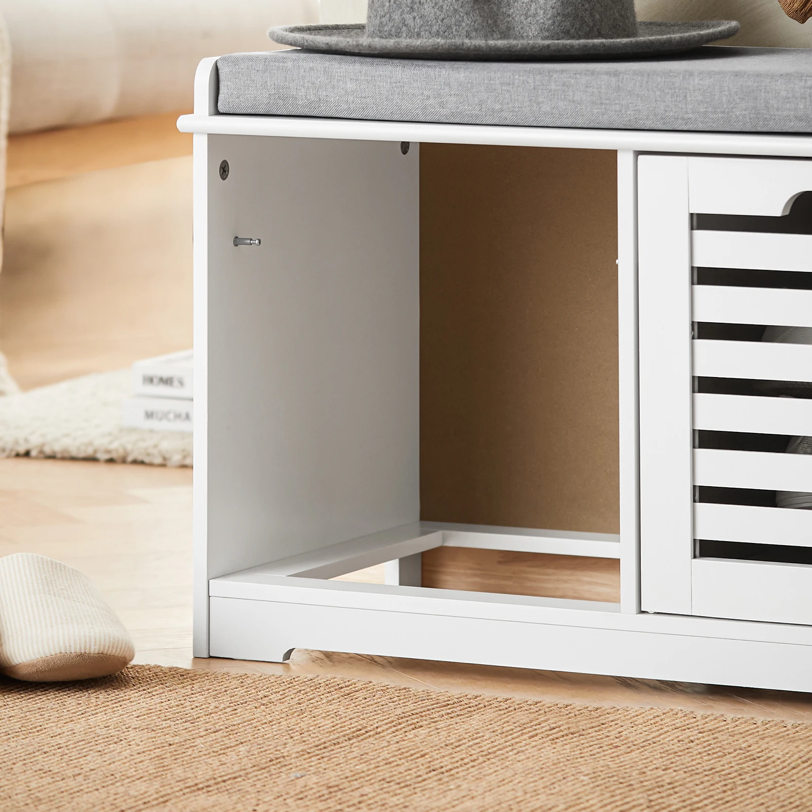 SoBuy FSR23-K Moderne Schuhtruhe Sitzkommode mit 2 Körben Sitzbank Schuhschrank mit Sitzkissen Spieltruhe – Detail 3